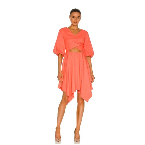 NICHOLAS Coral Neon Orange Puff Sleeve Cutout Asymmetric Dress - Picture 1 of 7